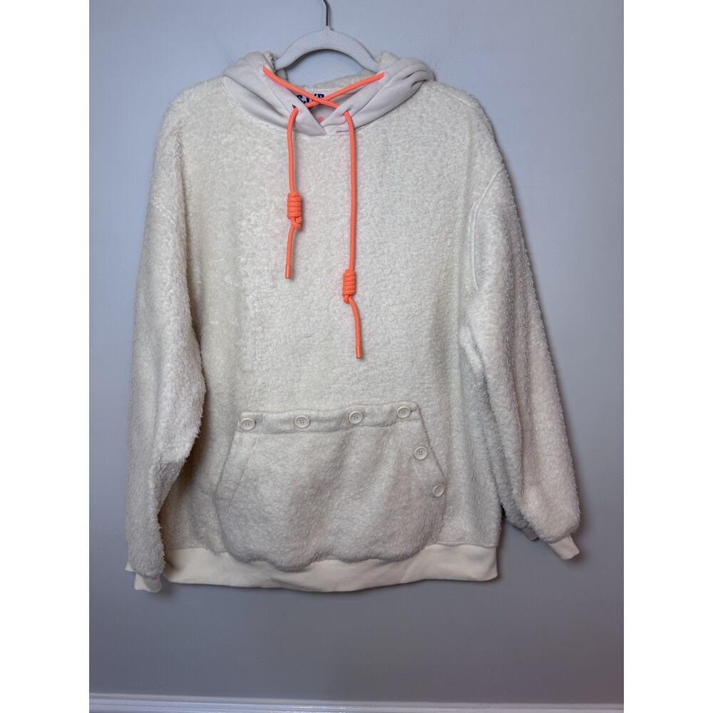 SJYP Unisex Sherpa Fleece Hoodie Ivory + Orange Hoodie Sweatshirt - Sz L